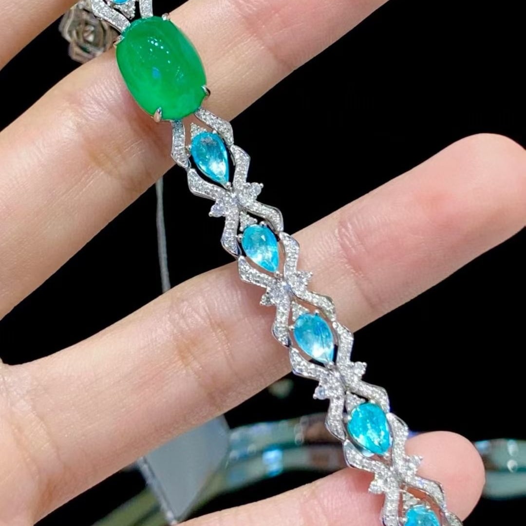 14k Gold 9.1 Ctw Natural Emerald & Paraiba Tourmaline Bracelet - 5