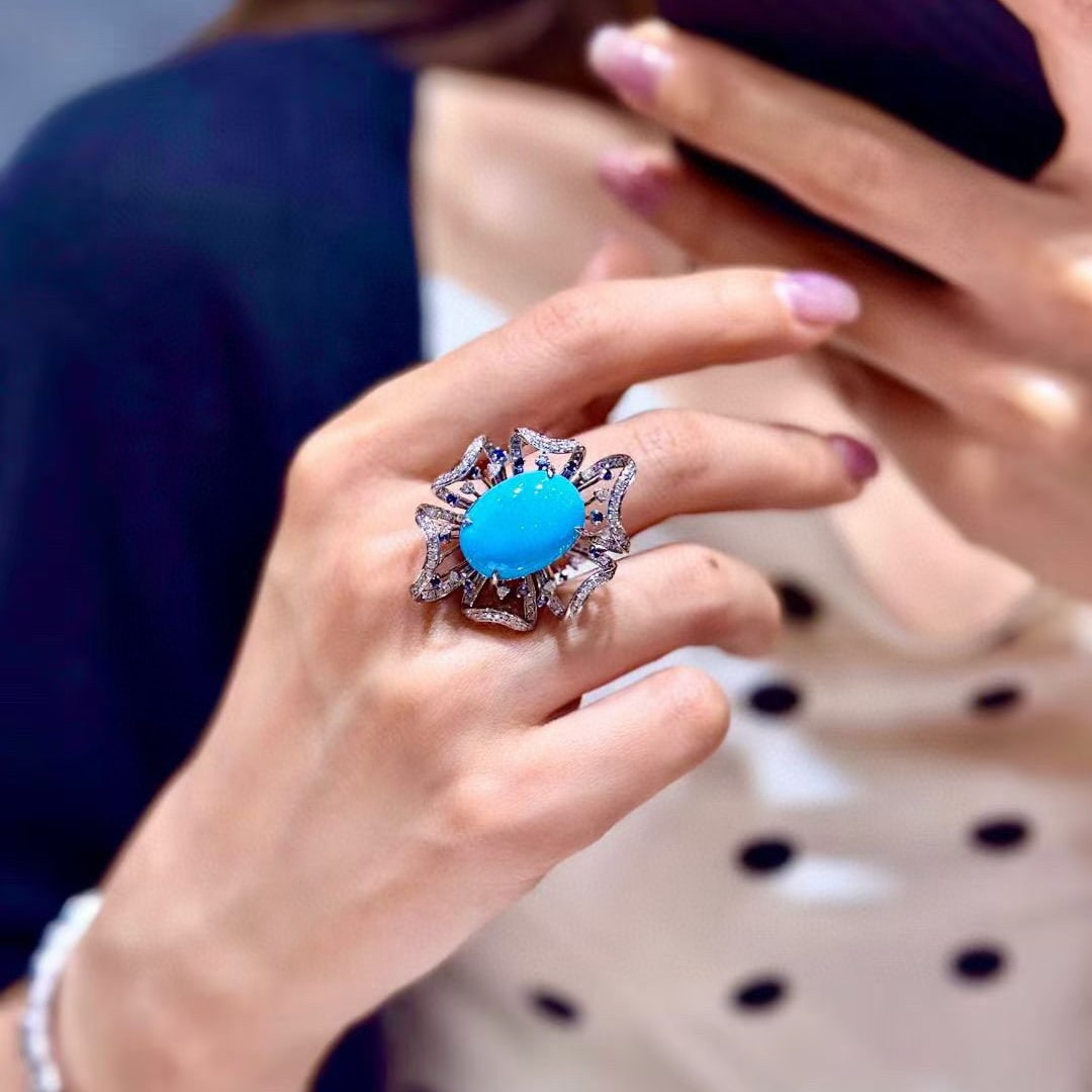 14k Gold 10.26 Ctw Natural Blue Turquoise & Diamond Ring - 4