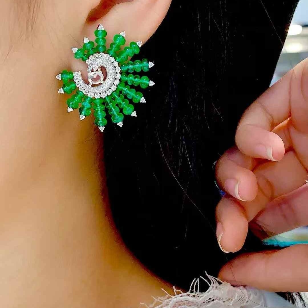 14k Gold 22.65 Ct Natural Emerald & Diamond Earrings - 5