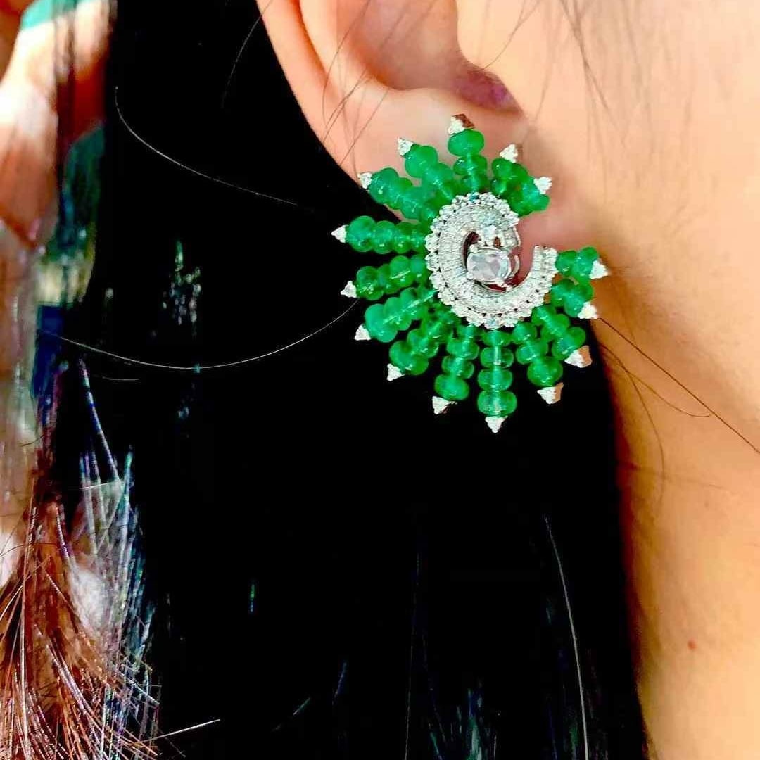 14k Gold 22.65 Ct Natural Emerald & Diamond Earrings - 6