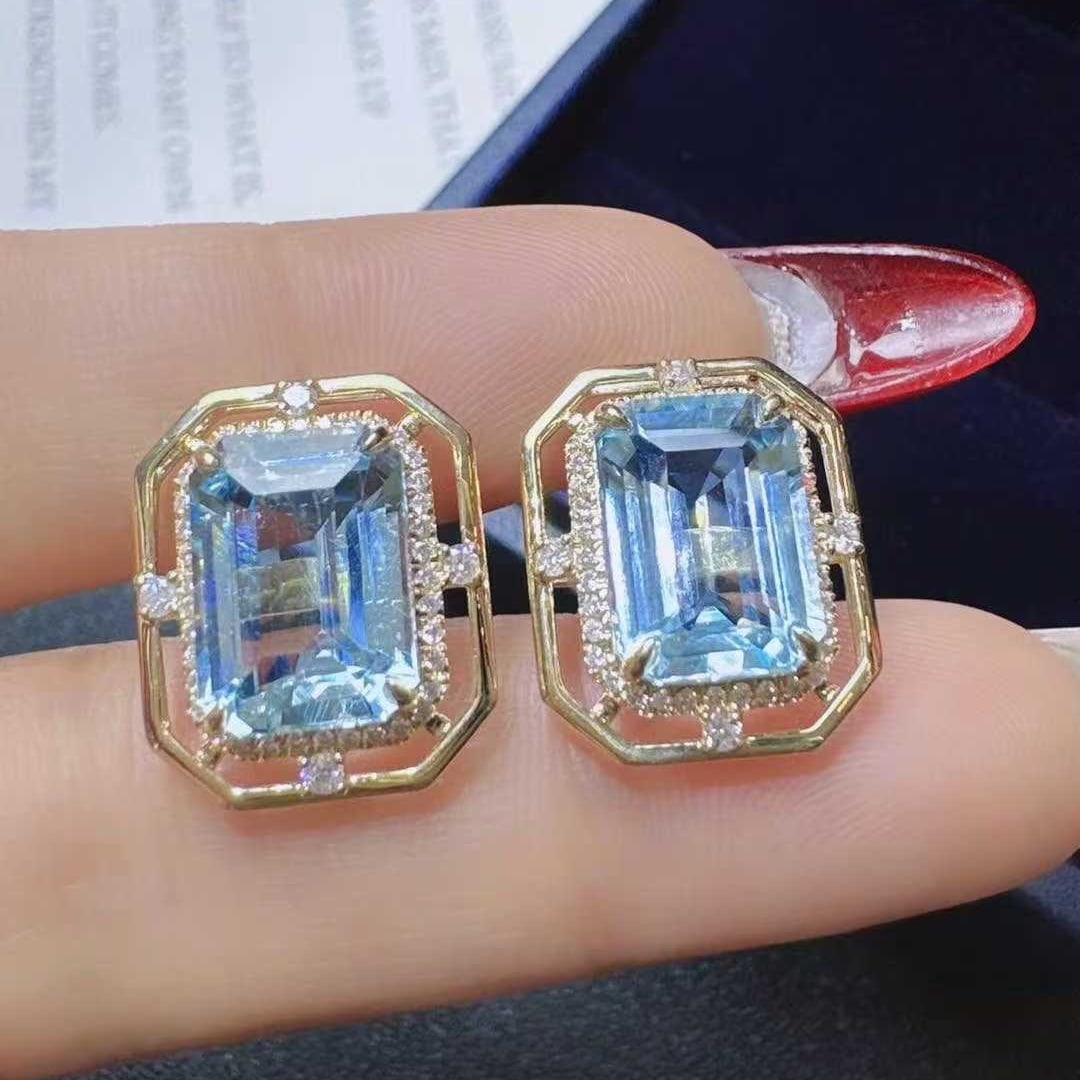 14k Gold 7.23 Ctw Natural Aquamarine & Diamond Earrings - 2