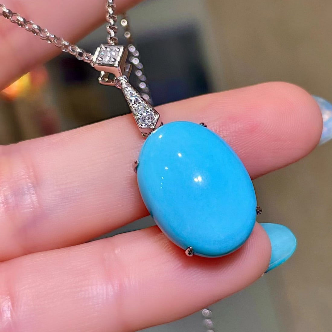 14k Gold 10.11 Ctw Natural Blue Turquoise & Diamond Necklace - 2