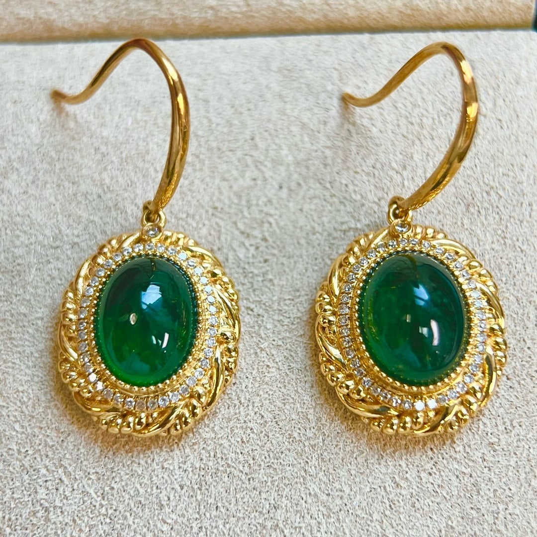 14k Gold 5.94 Ctw Vivid Green Natural Emerald & Diamond Earrings - 2
