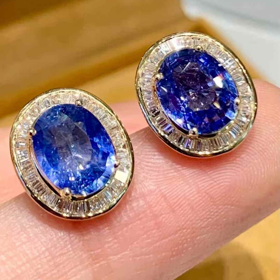 14k Gold 3.3 Ct Natural Sapphire & Diamond Earrings - 4