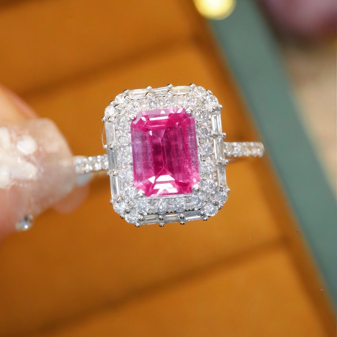 14k Gold 1.98 Ctw Natural Padparadscha Sapphire & Diamond Ring: Ref:231111198 // gold content:14k gold // ring size:7. 25us // // main gemstone:padparadscha sapphire // shape:octagonal // carat weight:1. 46ct // color:orangish pink // treatment:natural // //