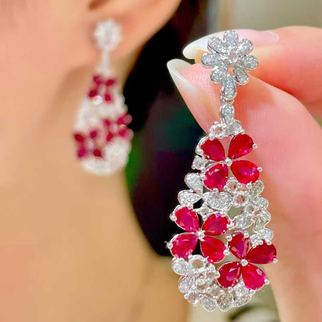 14k Gold 4.5 Ct Natural Ruby & Diamond Earrings - 5