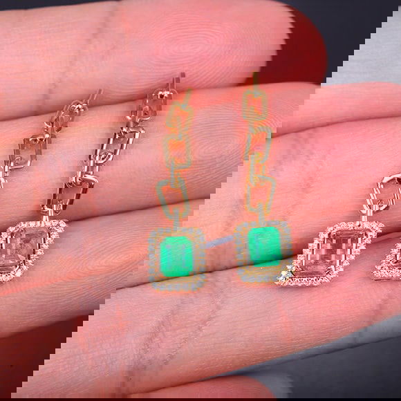 14k Gold 1.27 Ctw Vivid Green Natural Emerald & Diamond Earrings - 7