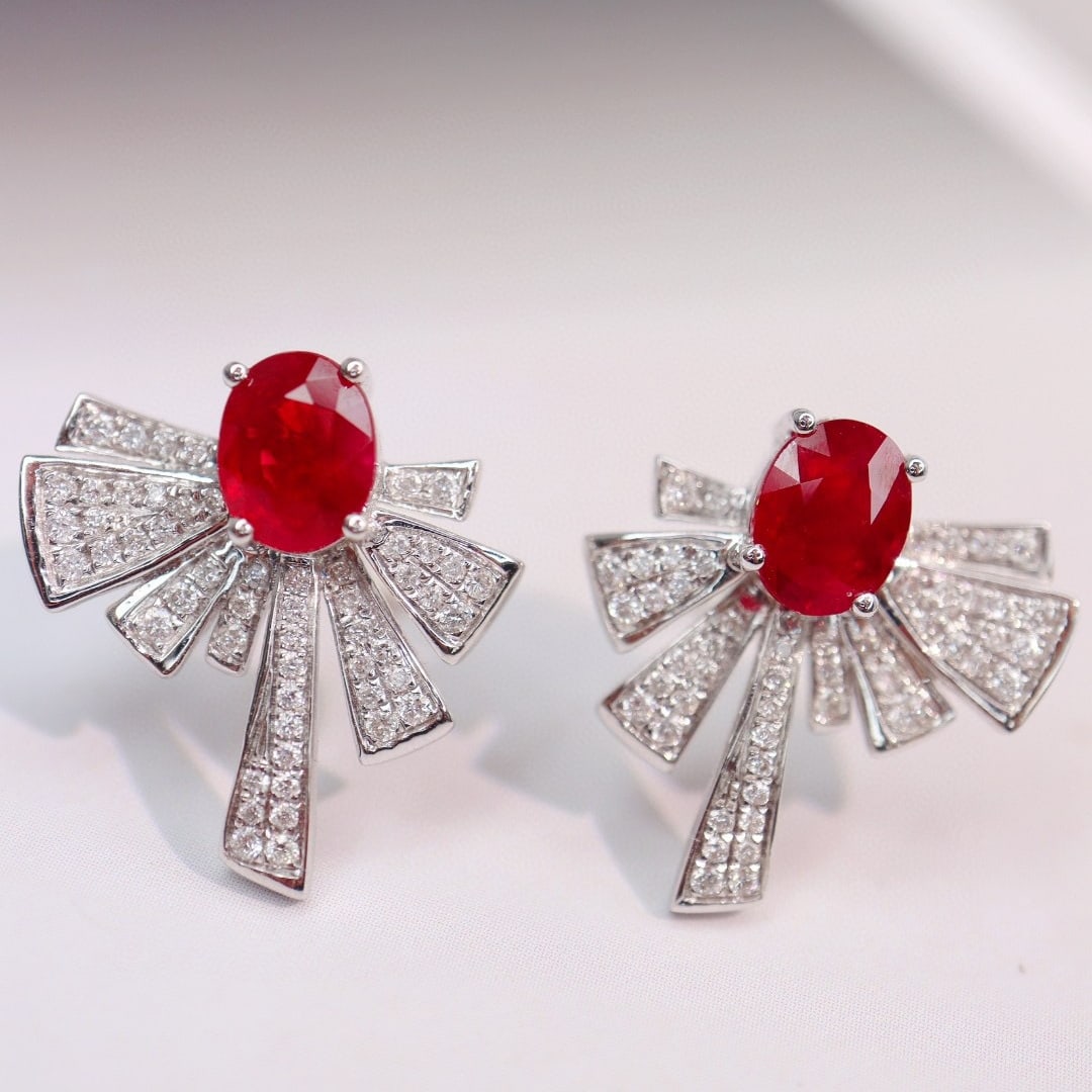 14k Gold 2.1 Ctw Vivid Red Natural Ruby & Diamond Earrings: Ref:231112036 // gold content:14k gold // main gemstone:ruby // shape:oval // carat weight:1. 6ct // color:vivid red // treatment:natural // // adjacent gemstone 2 : diamond // shape:round // carat
