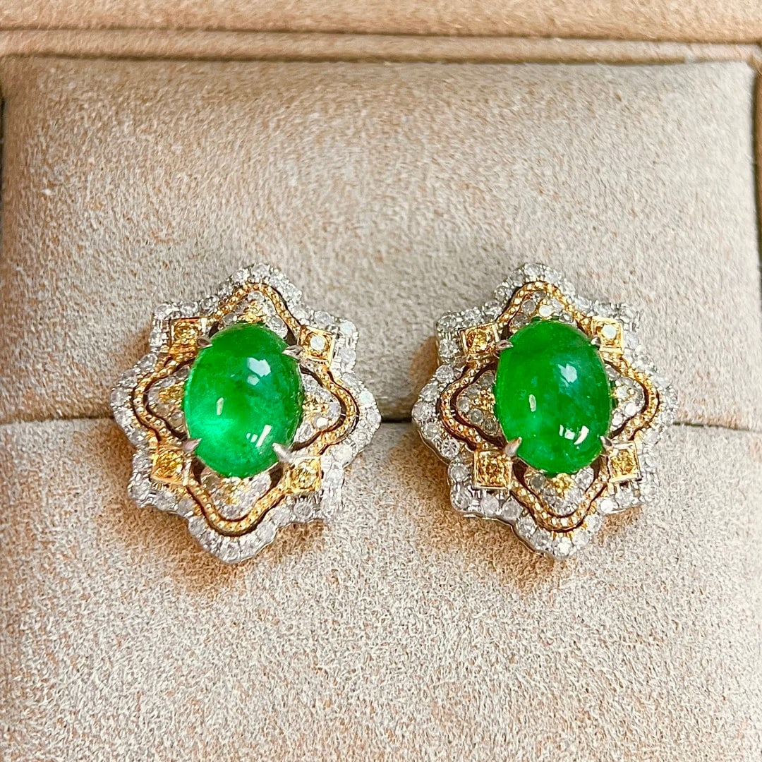 14k Gold 3.84 Ctw Vivid Green Natural Emerald & Diamond Earrings - 2