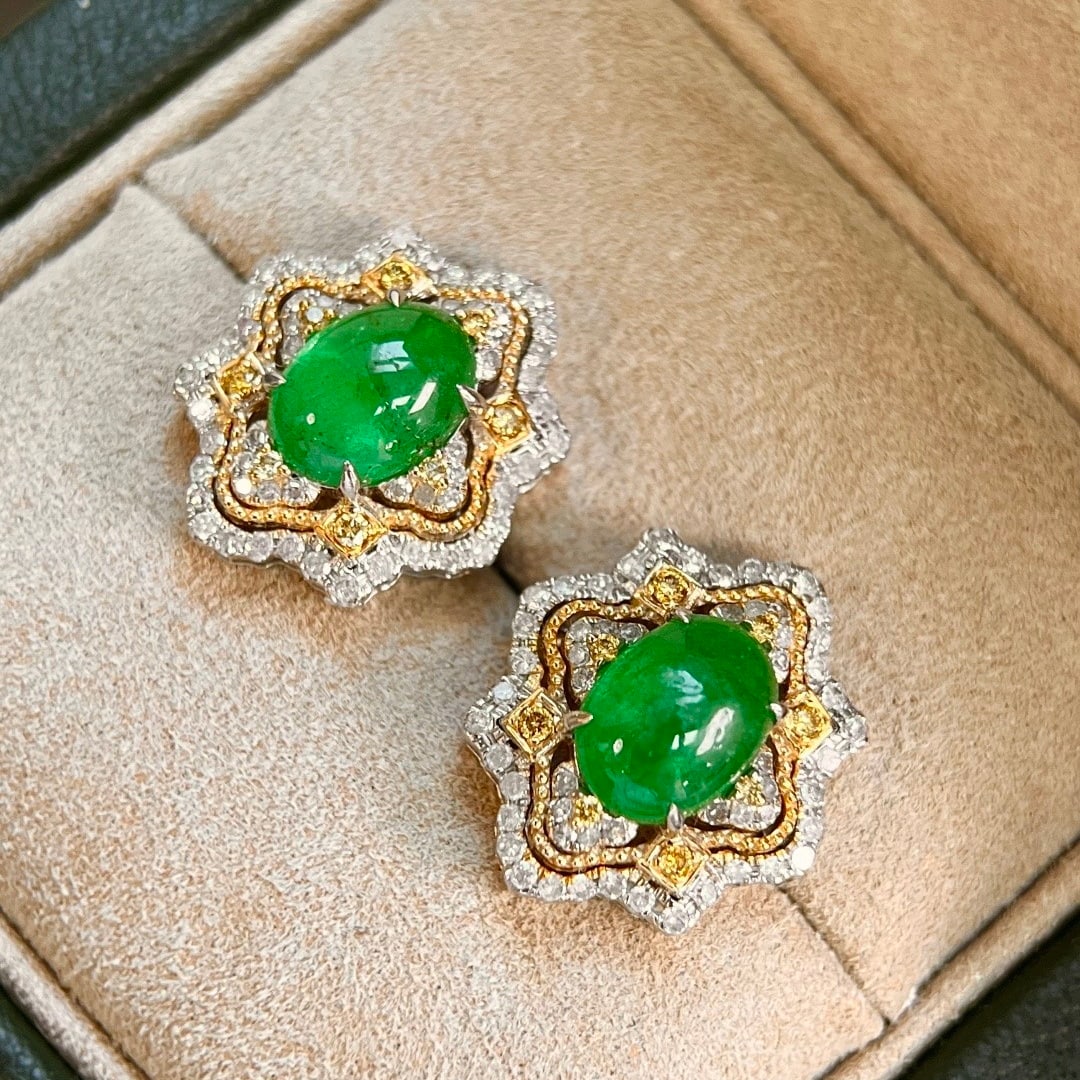 14k Gold 3.84 Ctw Vivid Green Natural Emerald & Diamond Earrings - 6