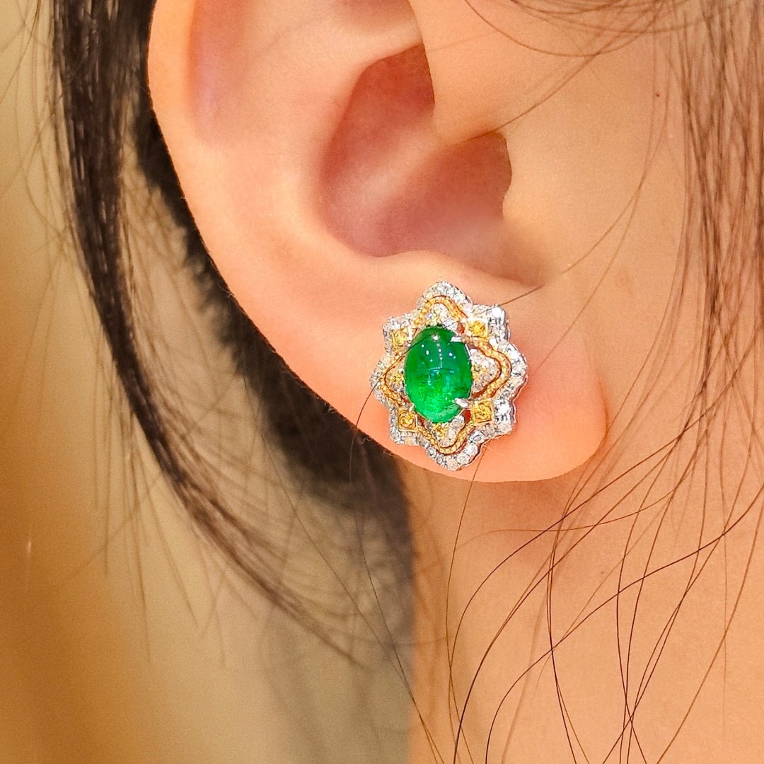 14k Gold 3.84 Ctw Vivid Green Natural Emerald & Diamond Earrings - 7