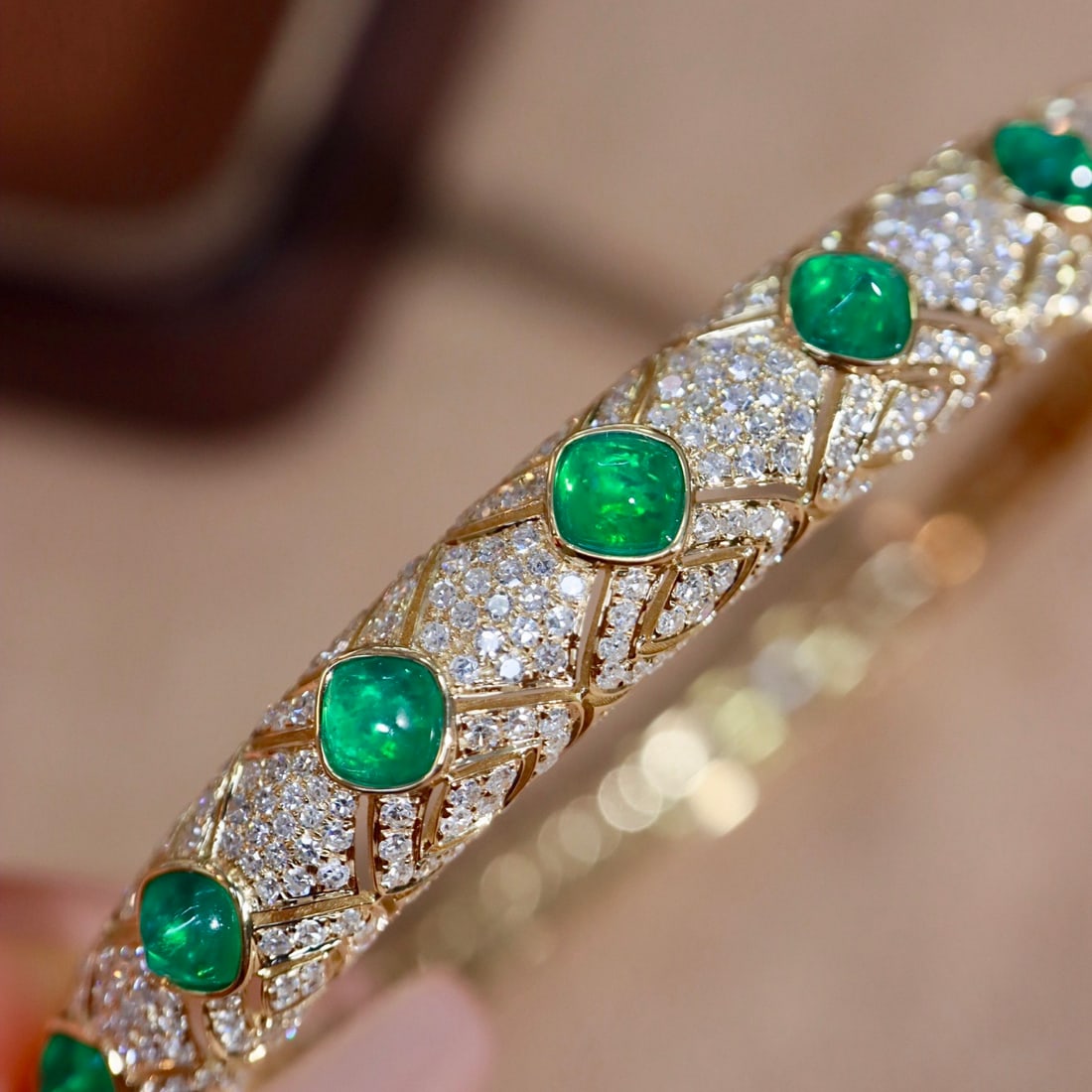 14k Gold 4.33 Ctw Vivid Green Natural Emerald & Diamond Bangle - 5
