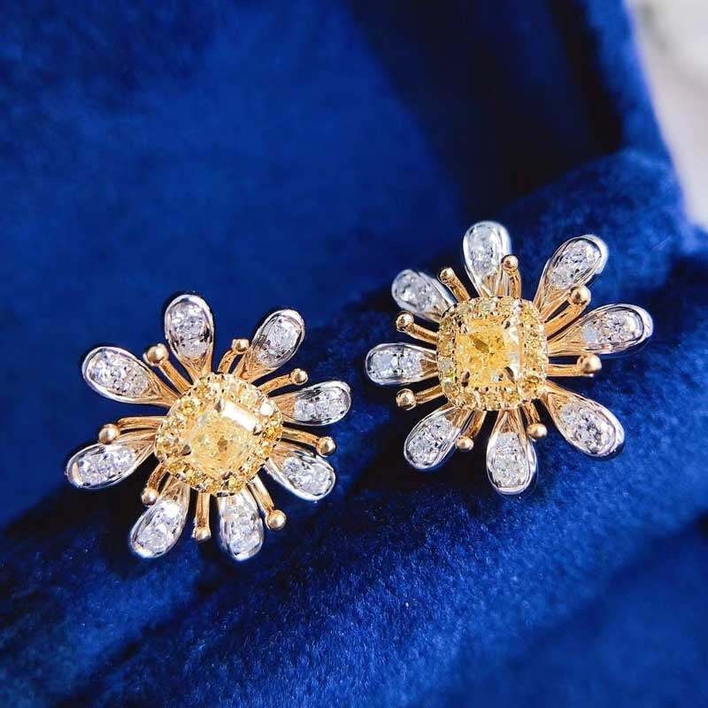 14k Gold 0.70 Ctw Natural Yellow Diamond & Diamond Earrings: Ref:231112054 // gold content:14k gold // main gemstone:yellow diamond // shape:cushion // carat weight:0. 35ct // color:yellow // treatment:natural // // adjacent gemstone 2 : diamond //