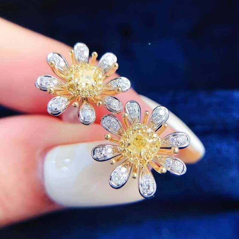 14k Gold 0.70 Ctw Natural Yellow Diamond & Diamond Earrings - 2