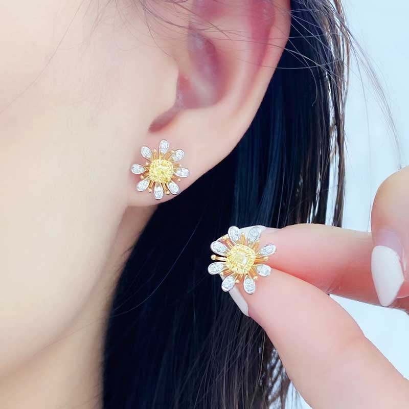 14k Gold 0.70 Ctw Natural Yellow Diamond & Diamond Earrings - 4