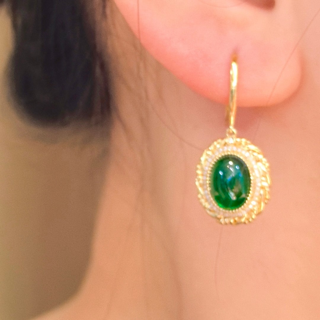 14k Gold 5.94 Ctw Vivid Green Natural Emerald & Diamond Earrings - 4
