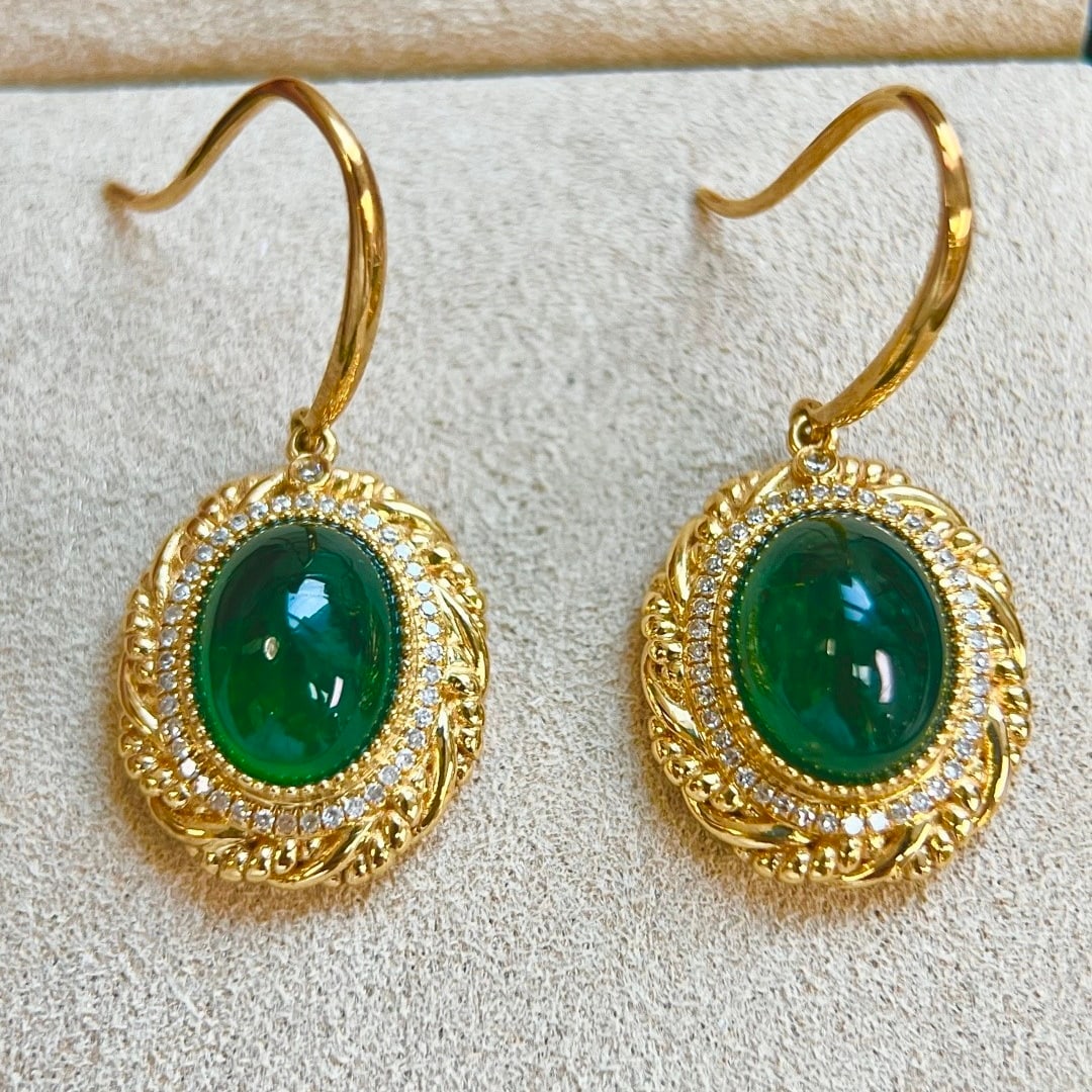 14k Gold 5.94 Ctw Vivid Green Natural Emerald & Diamond Earrings - 7