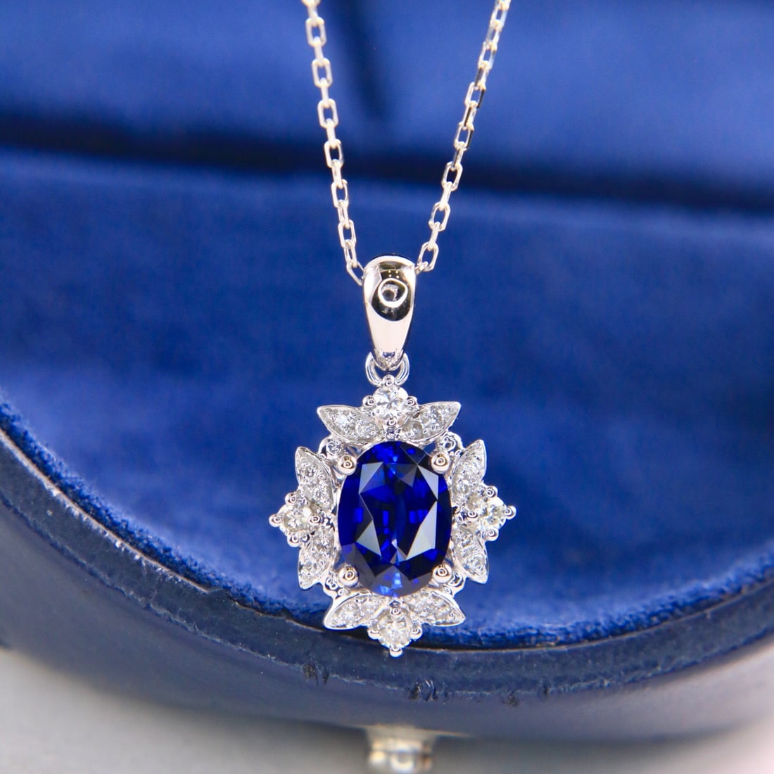 14k Gold 1.25 Ctw Natural Sapphire & Diamond Pendant( Without Chain ): Ref:231112069 // gold content:14k gold // main gemstone:sapphire // shape:oval // carat weight:1. 12ct // color:royal blue // treatment:natural // // adjacent gemstone 2 : diamond // shape:round //
