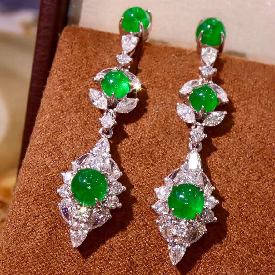 14k Gold 5.87 Ctw Vivid Green Natural Emerald & Diamond Earrings - 2