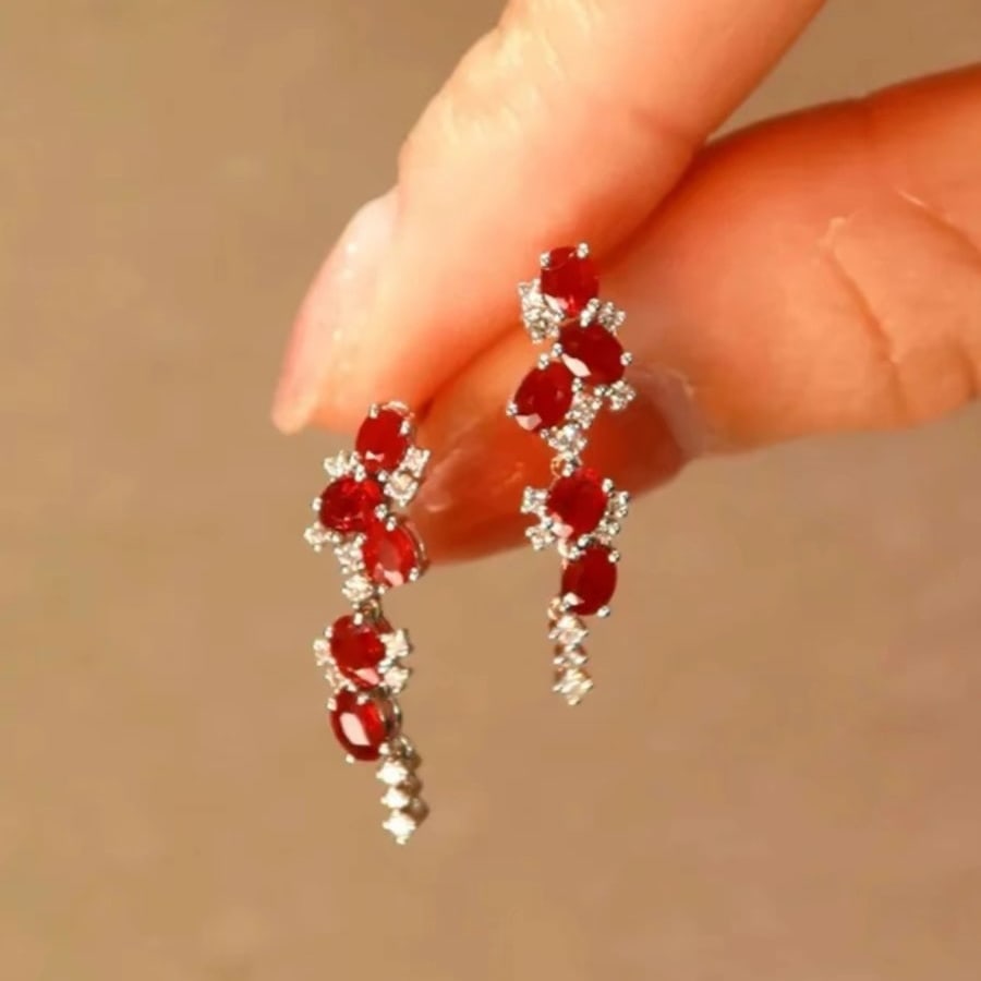 14k Gold 2 Ct Vivid Red Natural Ruby & Diamond Earrings - 3