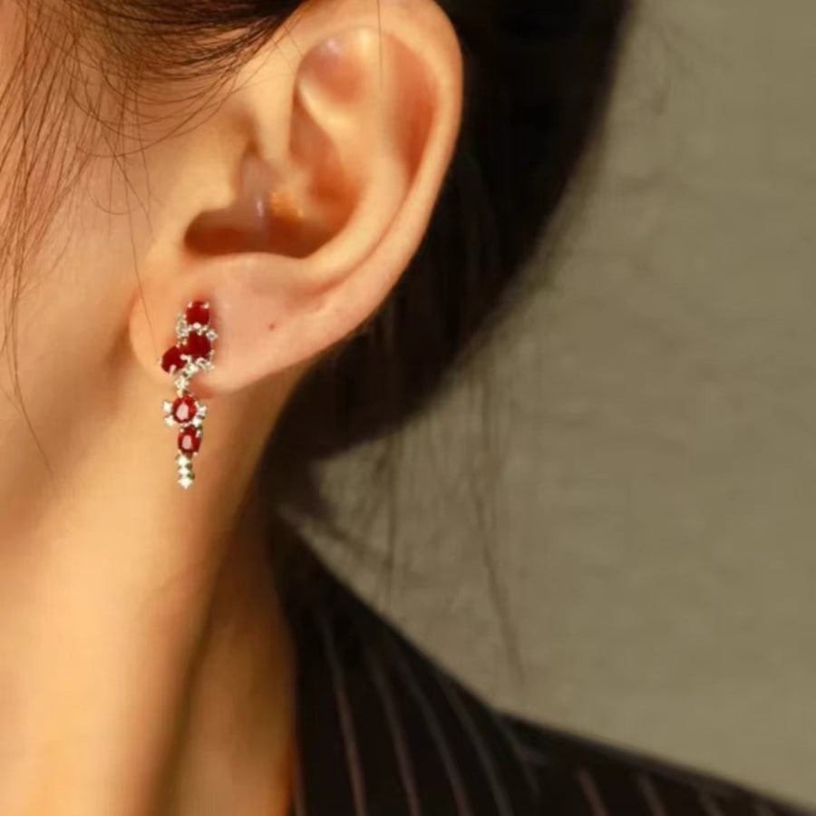 14k Gold 2 Ct Vivid Red Natural Ruby & Diamond Earrings - 4