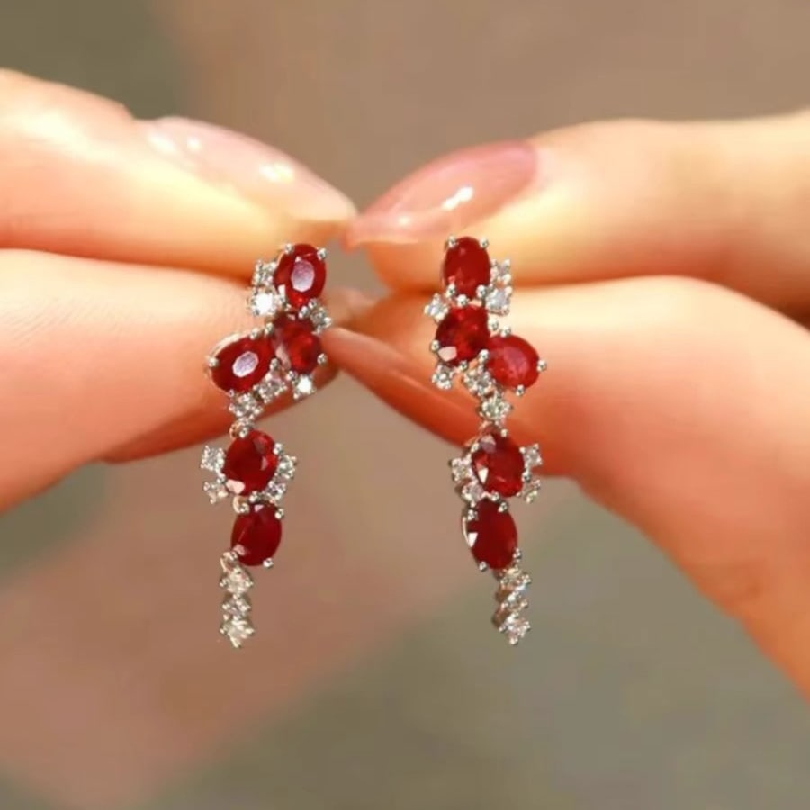 14k Gold 2 Ct Vivid Red Natural Ruby & Diamond Earrings - 5