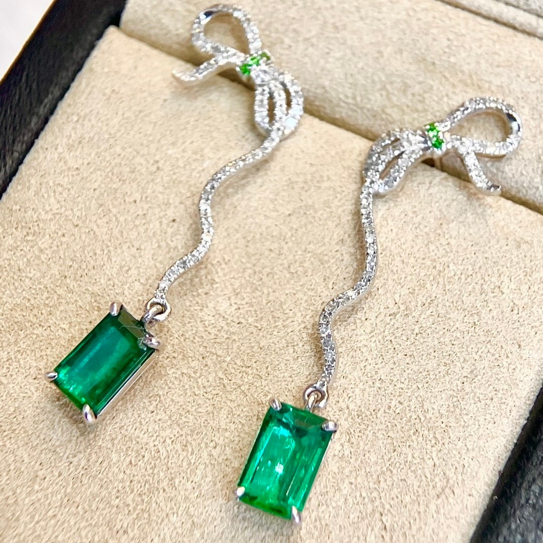 14k Gold 2.84 Ctw Vivid Green Natural Emerald & Diamond Earrings - 5