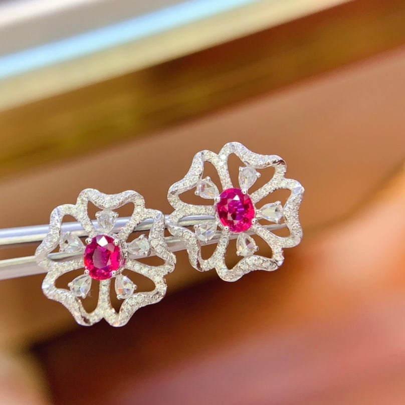 14k Gold 1.85 Ctw Natural Ruby & Diamond Earrings - 6