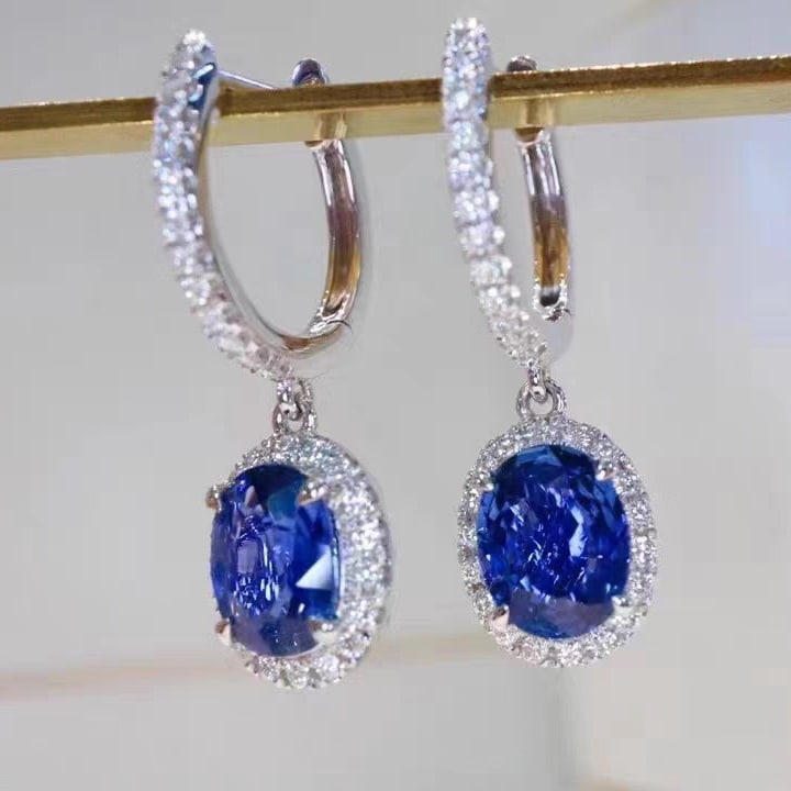 14k Gold 2 Ct Vivid Blue Natural Sapphire & Diamond Earrings - 3
