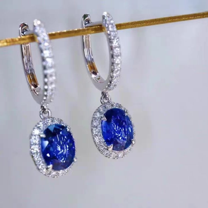 14k Gold 2 Ct Vivid Blue Natural Sapphire & Diamond Earrings - 4