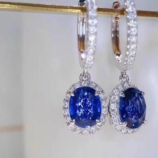 14k Gold 2 Ct Vivid Blue Natural Sapphire & Diamond Earrings - 6