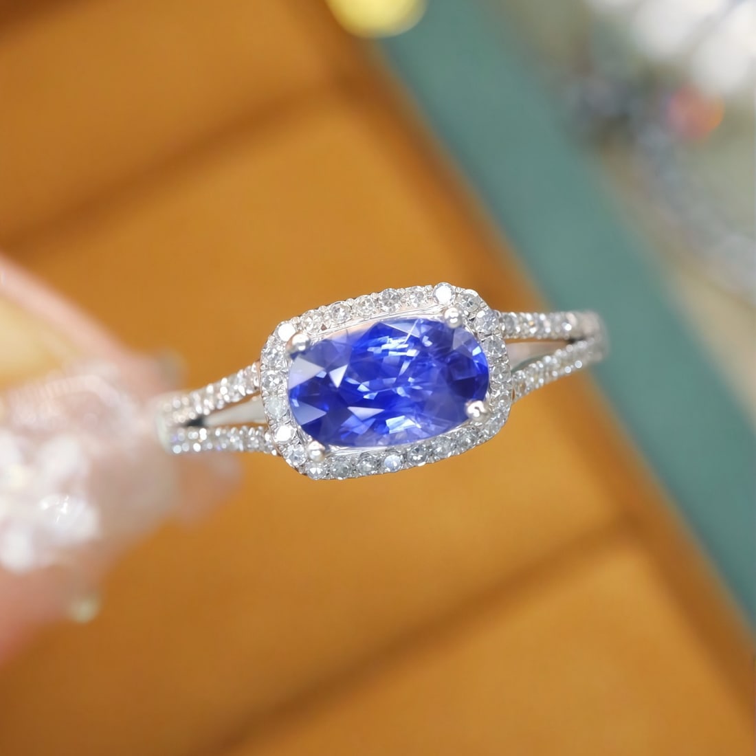 14k Gold 1.27 Ctw Natural Sapphire & Diamond Ring: Ref:231112142 // gold content:14k gold // ring size:7. 25us // // main gemstone:sapphire // shape:oval // carat weight:1. 10ct // color:blue // treatment:natural // // adjacent gemstone 2 :