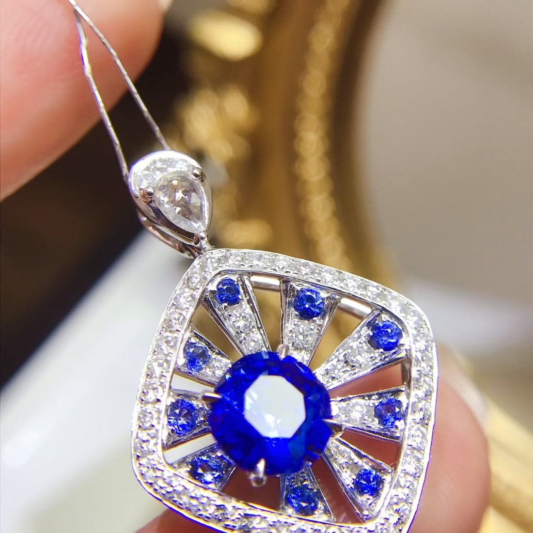 14k Gold 2.29 Ctw Natural Sapphire & Diamond Pendant( Without Chain ): Ref:231112157 // gold content:14k gold // main gemstone:sapphire // shape:oval // carat weight:1. 59ct // color:royal blue // treatment:natural // // adjacent gemstone 2 : diamond // shape:round //