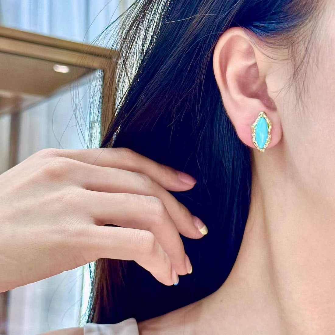 14k Gold 5.15 Ctw Natural Blue Turquoise & Diamond Earrings - 4