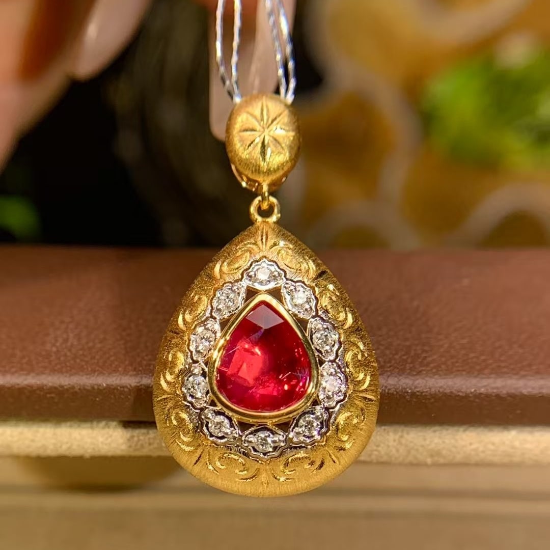 14k Gold 0.91 Ct Natural Ruby & Diamond Pendant( Without Chain ) - 3