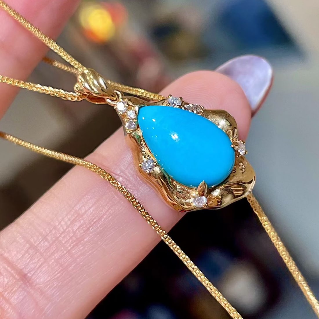 14k Gold 3.21 Ctw Natural Blue Turquoise & Diamond Pendant( Without Chain ) - 2
