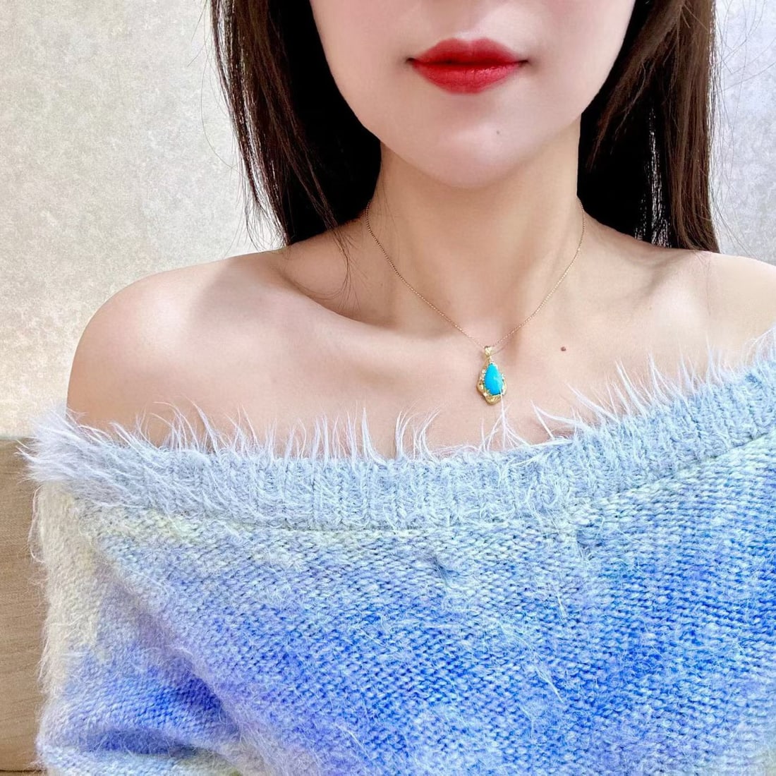 14k Gold 3.21 Ctw Natural Blue Turquoise & Diamond Pendant( Without Chain ) - 4