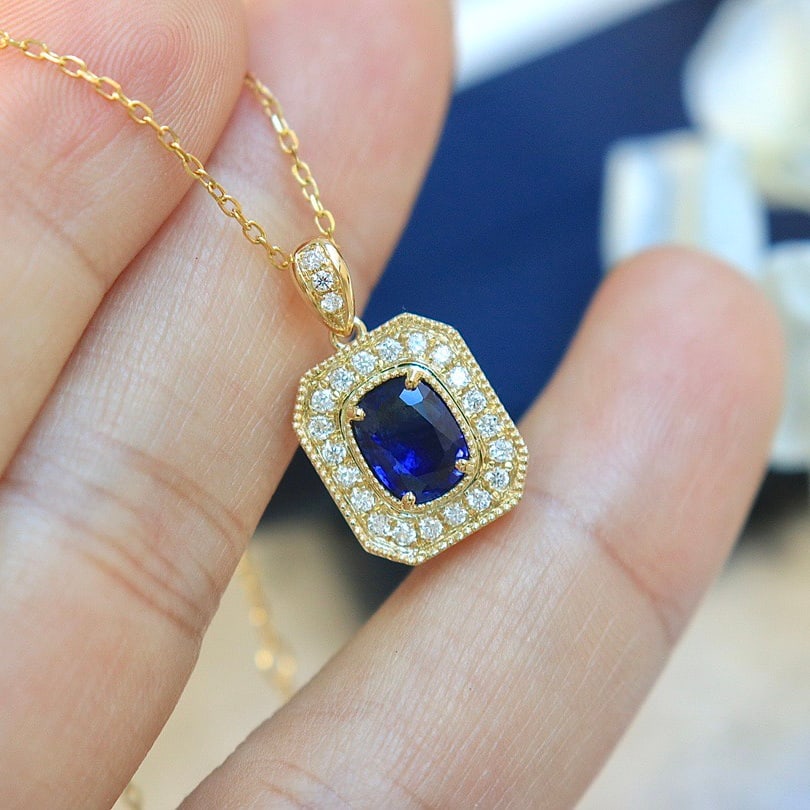 14k Gold 1.18 Ctw Natural Sapphire & Diamond Pendant( Without Chain ) - 6