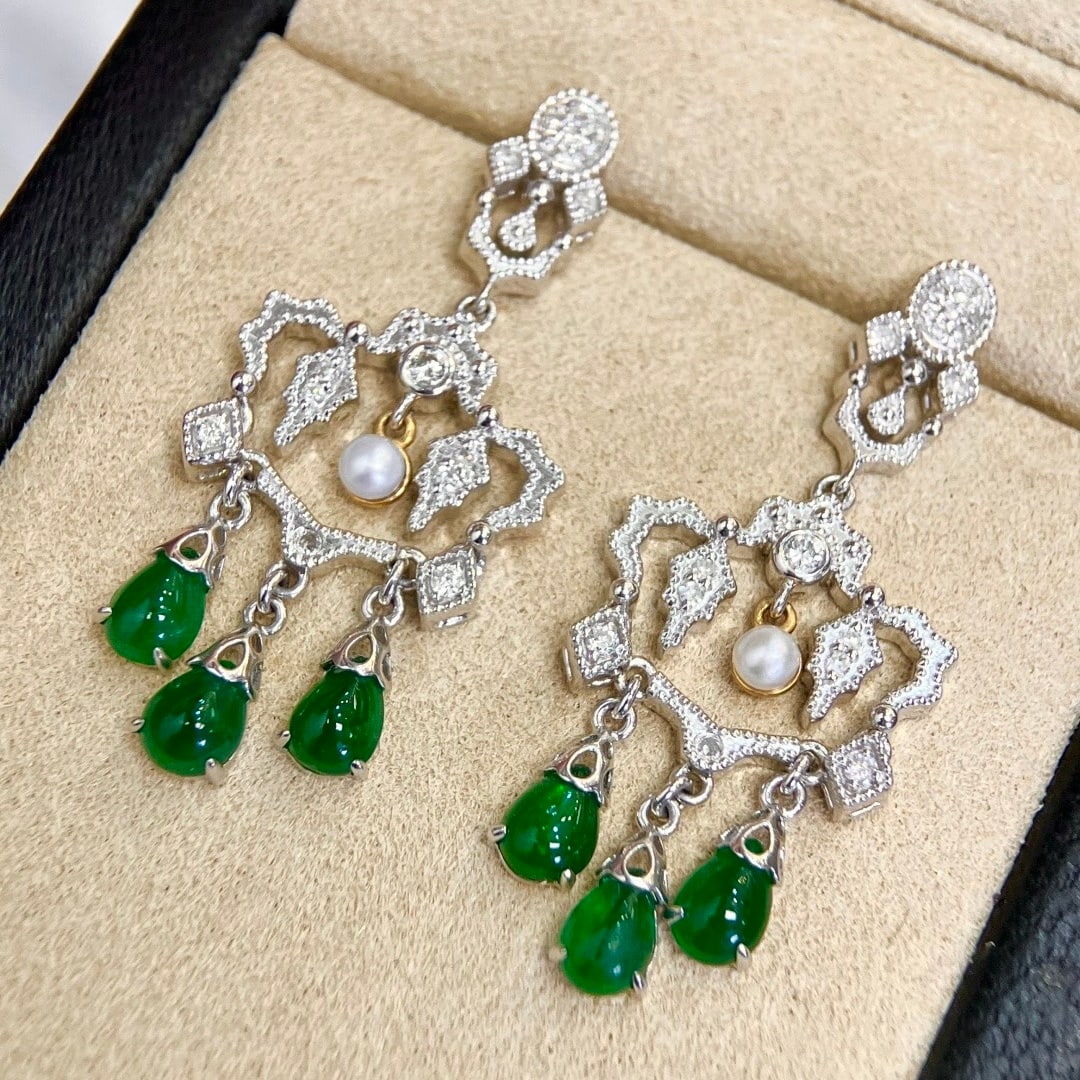 14k Gold 2.59 Ctw Vivid Green Natural Emerald & Diamond Earrings - 3