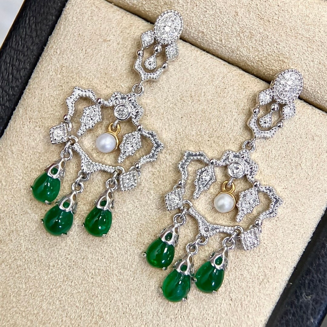 14k Gold 2.59 Ctw Vivid Green Natural Emerald & Diamond Earrings - 4