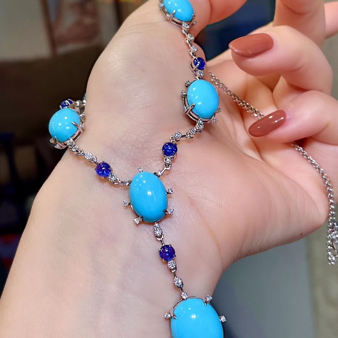 14k Gold 37.20 Ctw Natural Blue Turquoise & Sapphire Necklace - 2