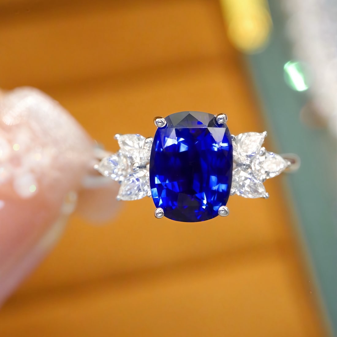 14k Gold 2.39 Ctw Natural Sapphire & Diamond Ring: Ref:231112201 // gold content:14k gold // ring size:7. 25us // // main gemstone:sapphire // shape:cushion // carat weight:2. 04ct // color:royal blue // treatment:natural // // adjacent gemstone 2