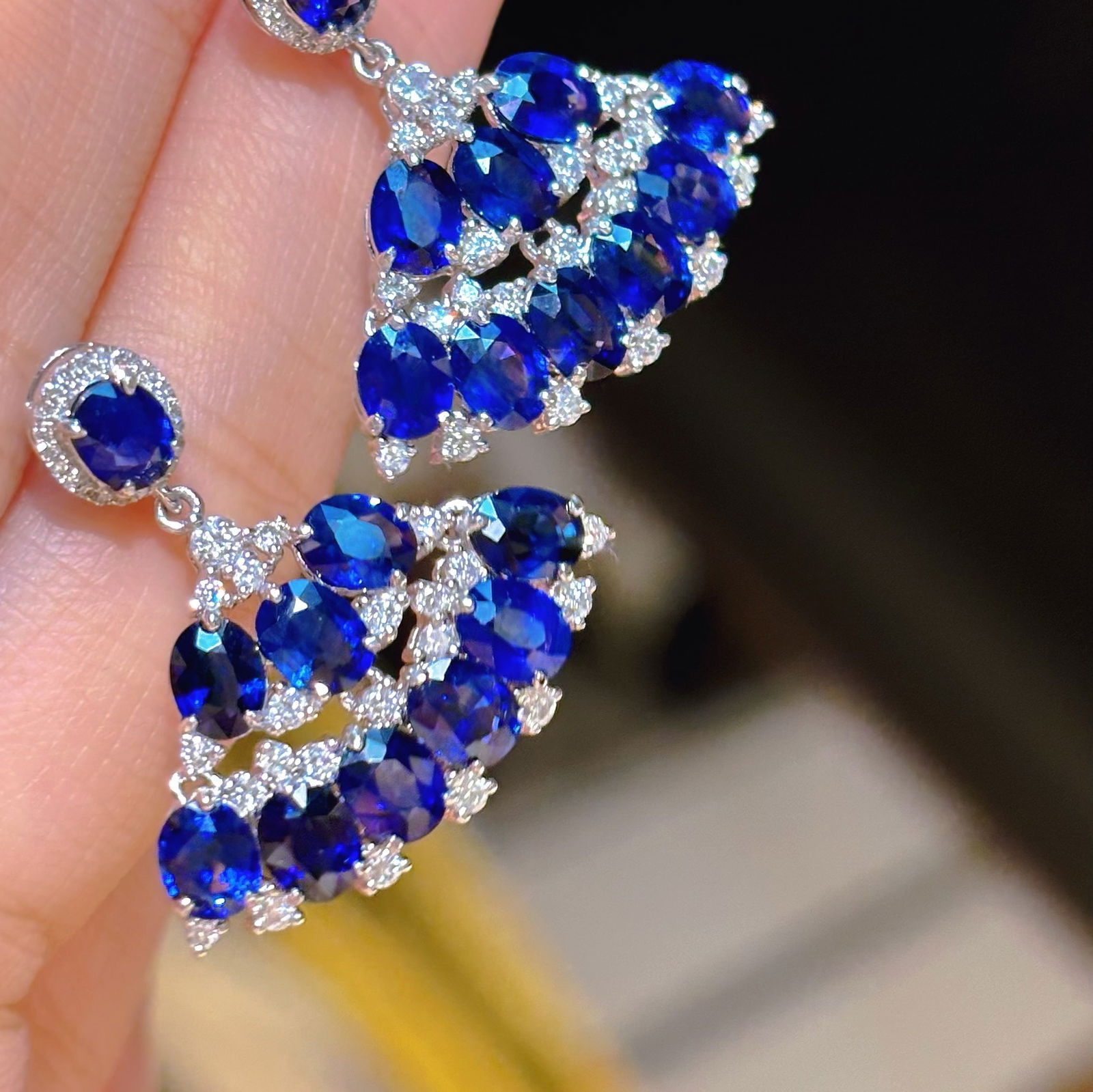 14k Gold 9.23 Ct Natural Sapphire & Diamond Earrings - 2