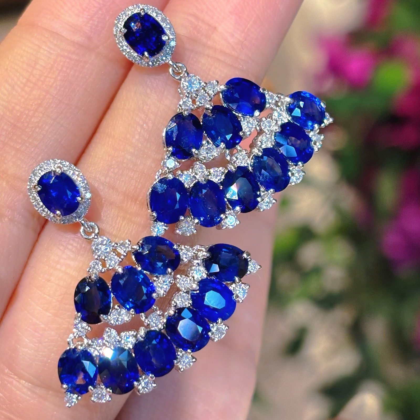 14k Gold 9.23 Ct Natural Sapphire & Diamond Earrings - 4