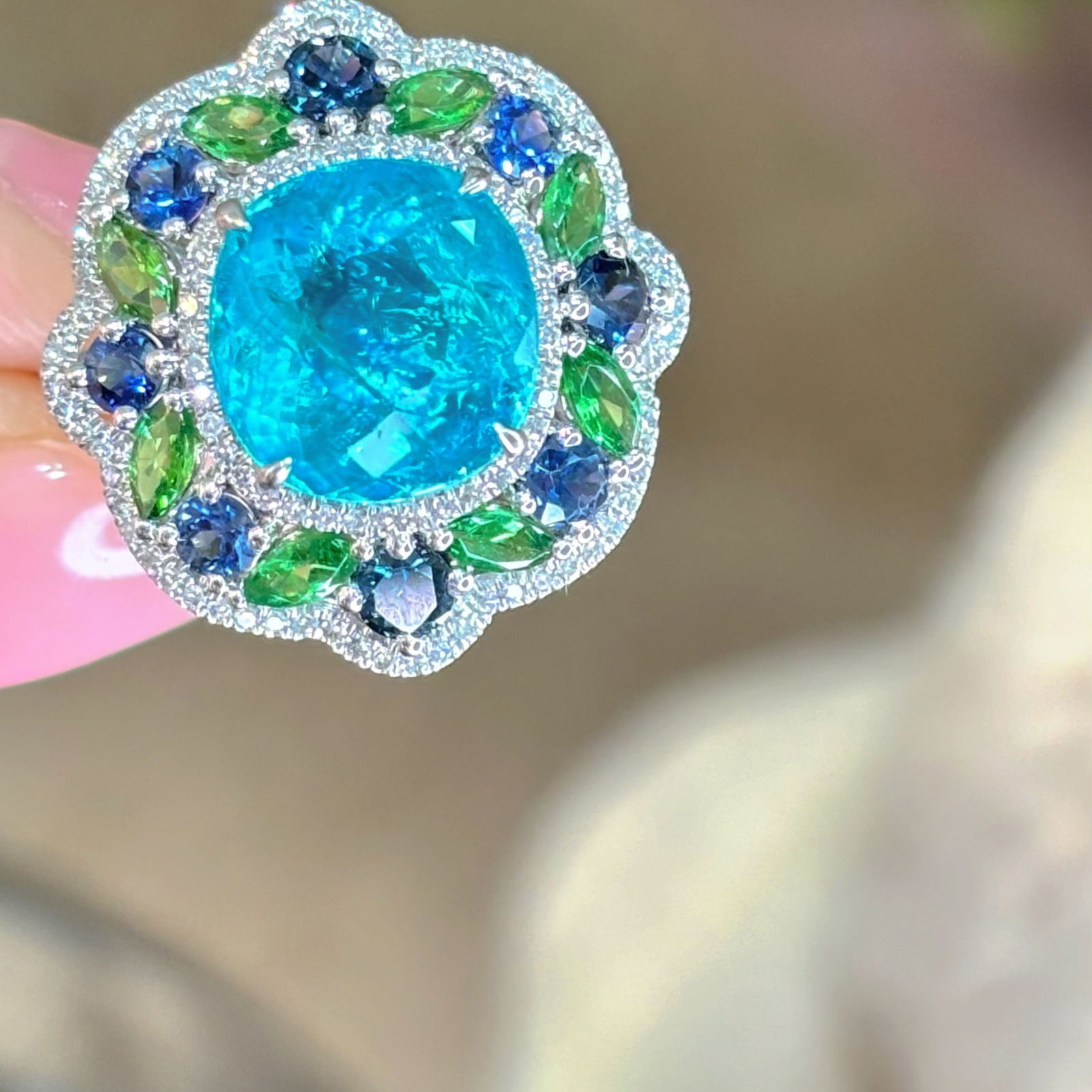 14k Gold 4.02 Ct Natural Paraiba Tourmaline & Diamond Ring - 2