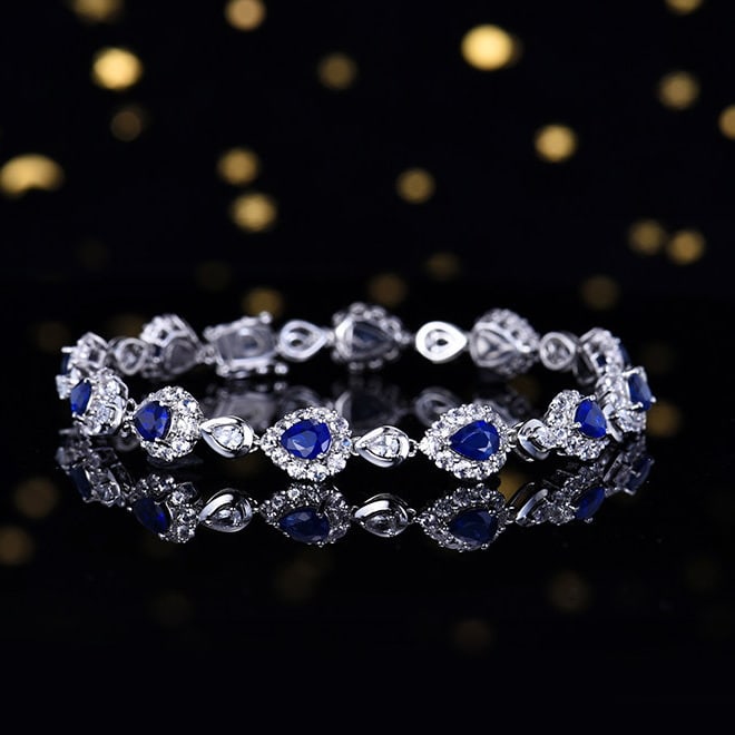 14k Gold 8.41 Ctw Vivid Blue Natural Sapphire & Sapphire Bracelet - 3