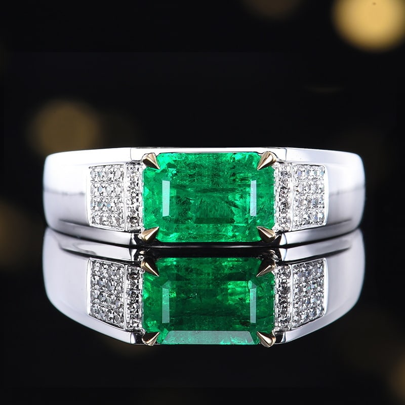 14k Gold 1.66 Ctw Vivid Green Natural Emerald & Diamond & Men¡¯s Ring: Ref:231112271 // gold content:14k gold // ring size:8us // // main gemstone:emerald // shape:octagonal // carat weight:1. 56ct // color:vivid green // treatment:natural // // adjacent gemstone 2 :