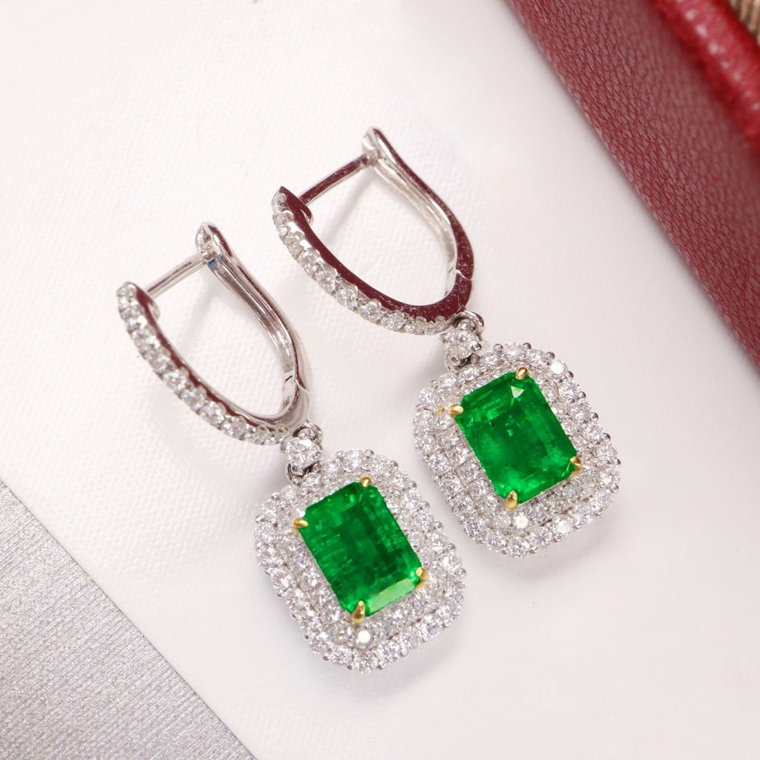 14k Gold 2.38 Ctw Vivid Green Natural Emerald & Diamond Earrings - 3
