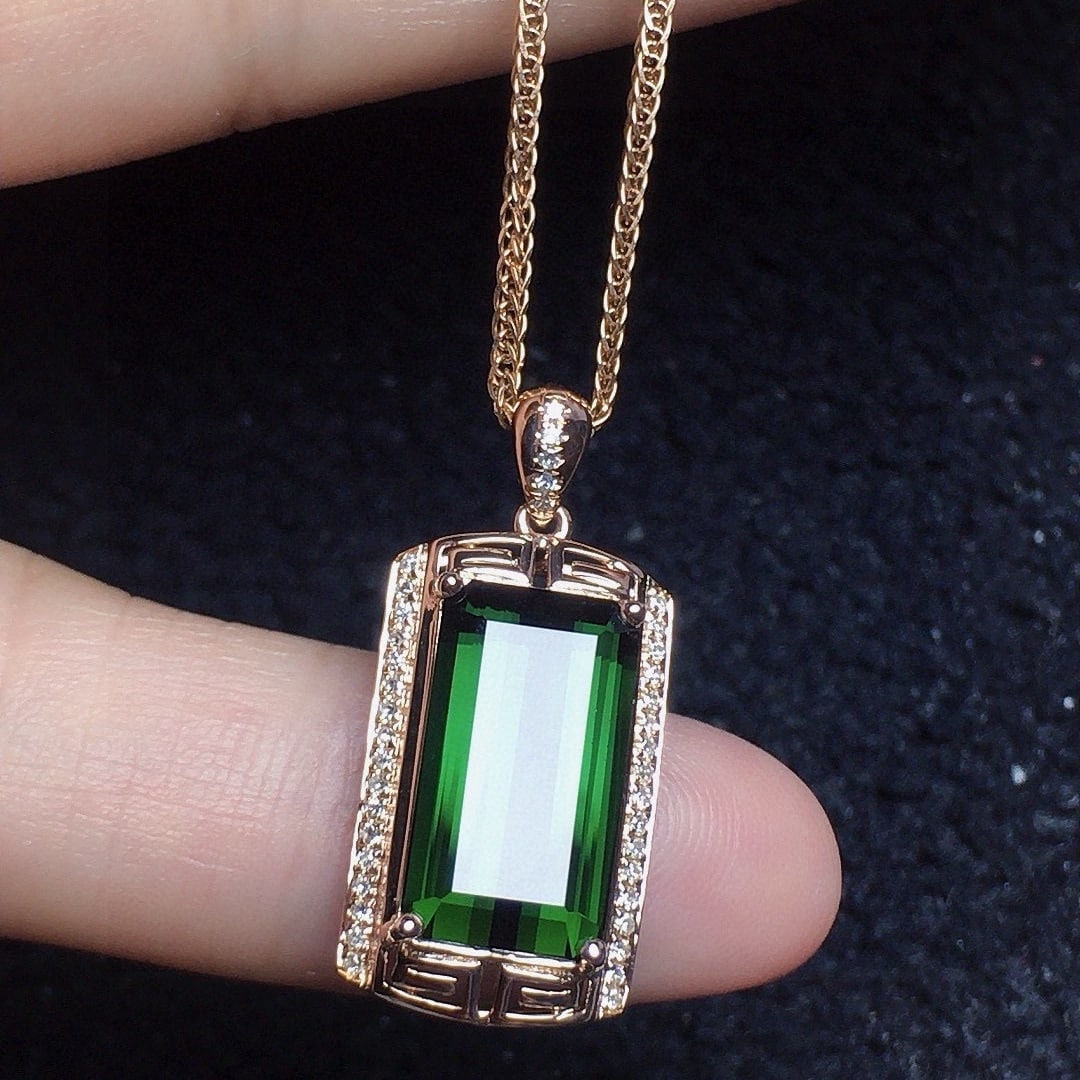 14k Gold 5.35 Ct Natural Tourmaline & Diamond Pendant( Without Chain ) - 2