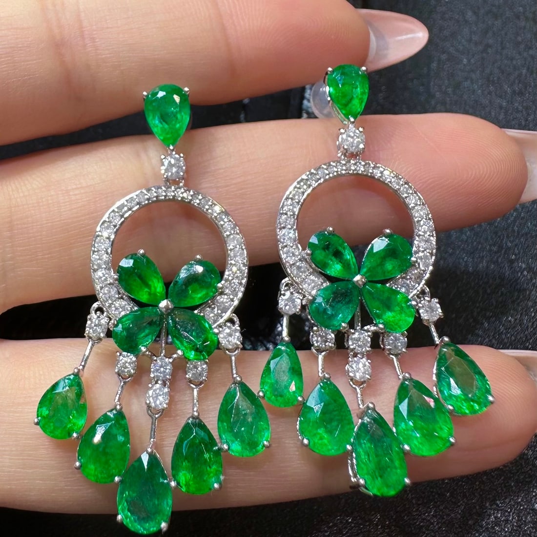 14k Gold 10.75 Ctw Vivid Green Natural Emerald & Diamond Earrings - 2